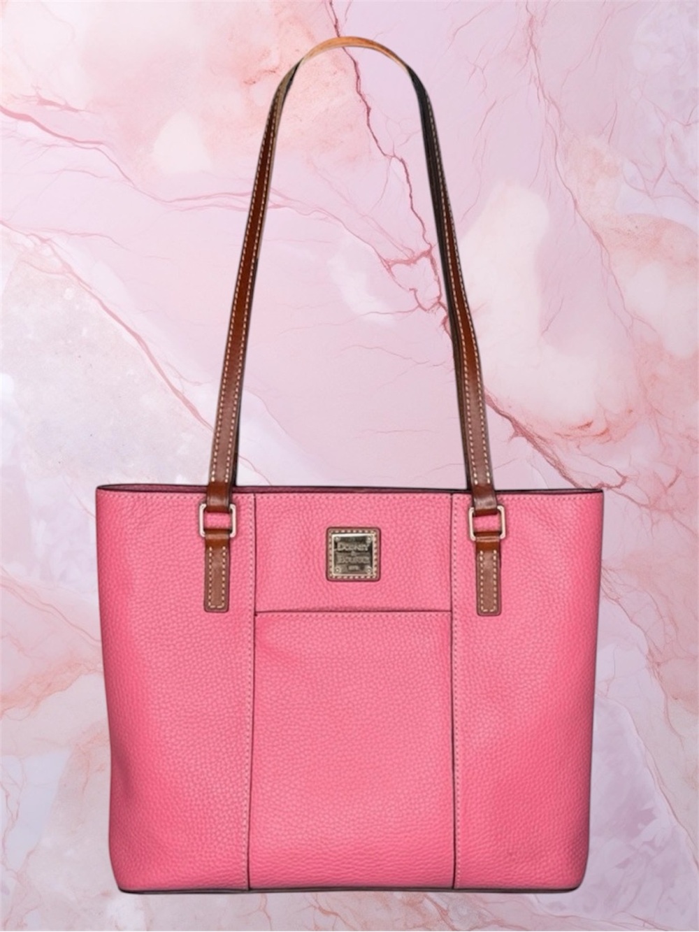 Dooney & Bourke Pink Pebble Leather Tote with Brown Straps and Logo Plaque